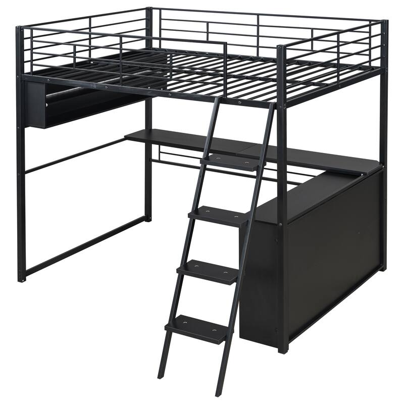 Full Size Loft Bed with Desk, LED Shelves, and Storage - Metal Frame with Guardrails and Ladder, Space-Saving Design for Teens