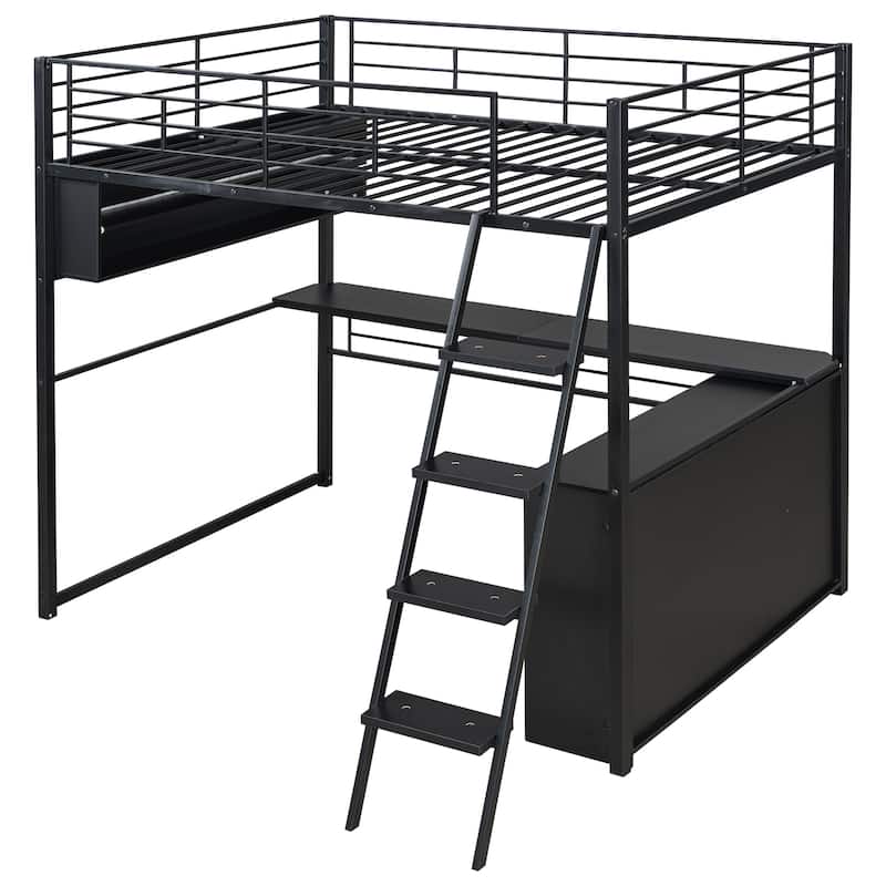 Metal Full Size Loft Bed w/Desk & Stairs, Heavy Duty Loft Bed Frame w/LED Lights, Loft Bed Full Size w/Storage Shelves for Kids