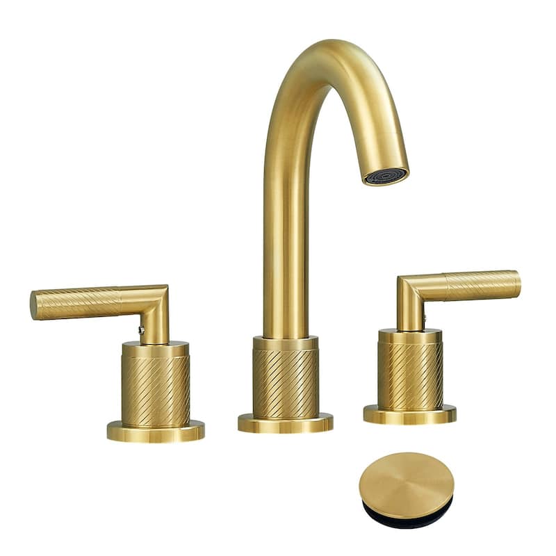 Bathroom Faucet 2 Handle 8 Inch Bathroom Sink Faucets Stainless Steel 3 Hole Widespread with Pop Up Drain and Water Supply Hoses - Brushed Gold