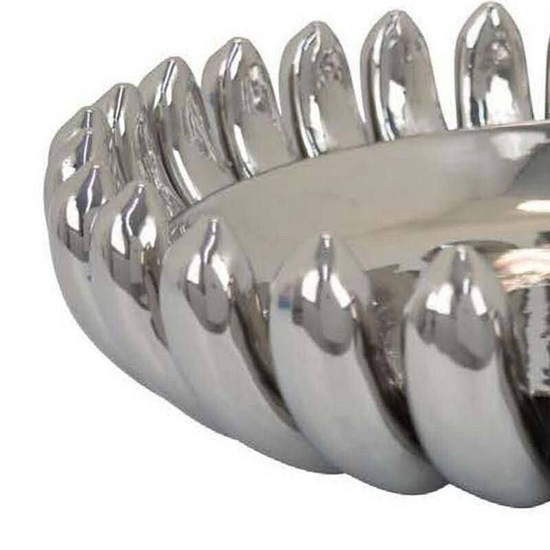 Zoma Accent Bowl, 16 Inch Raised Rounded Edges, Silver Ceramic Body