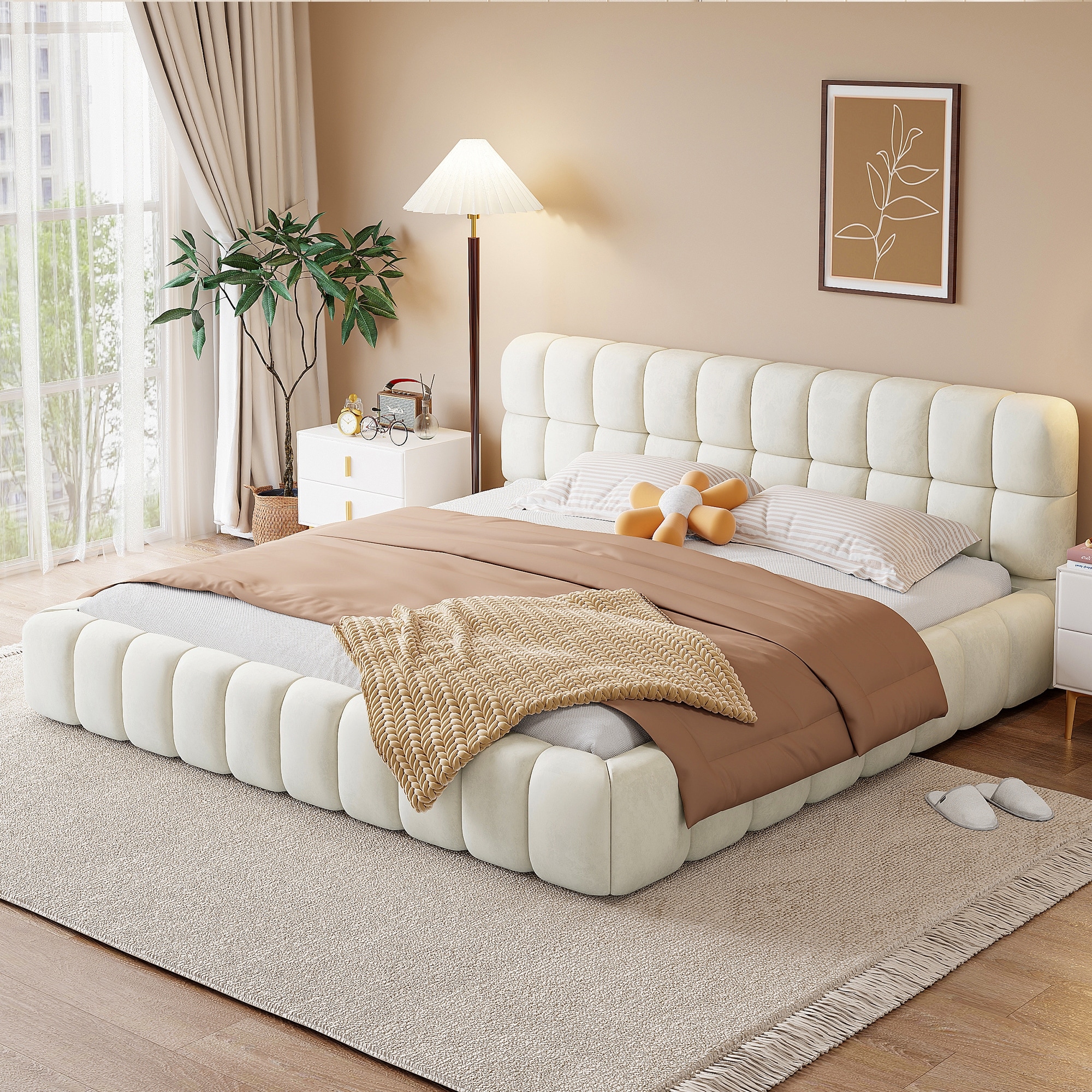 Grounded Bed Upholstered Platform Bed with Headboard and Support Slats Linen Fabric