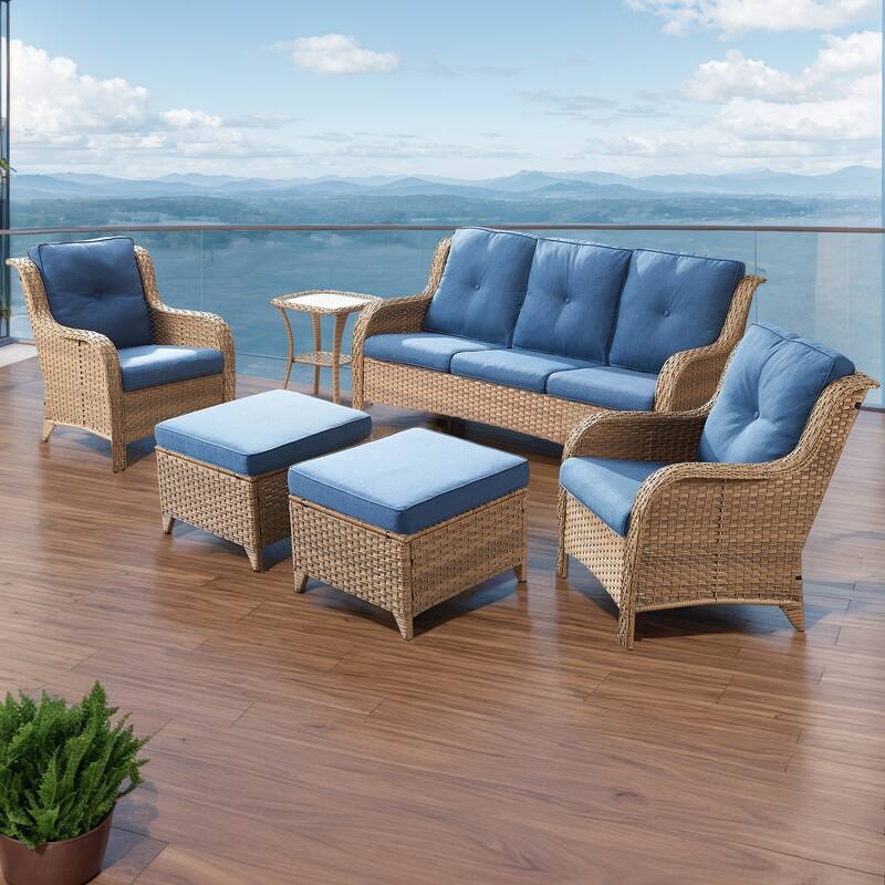 Gymojoy Outdoor Sofa Chair Ottoman Seating with Cushions - Yellow - Blue