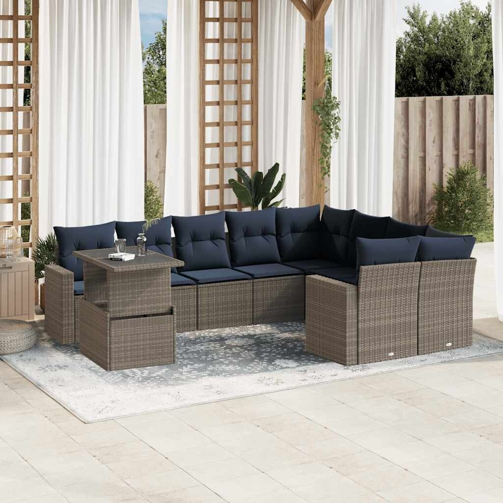 vidaXL Patio Sofa Set with Cushions and Table Outdoor 10 Piece Poly Rattan - 24.4 x 24.4 x 27.2