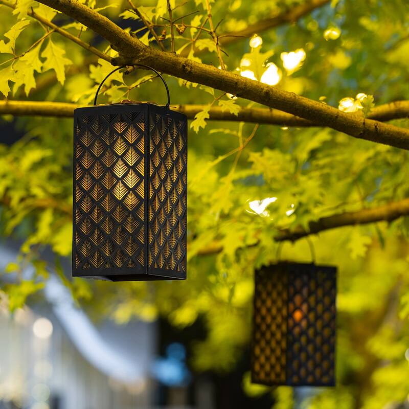 Glitzhome 11"H Black Metal Cutout or Square Textured Glass Pattern Solar Powered Hanging Lantern with LED Light