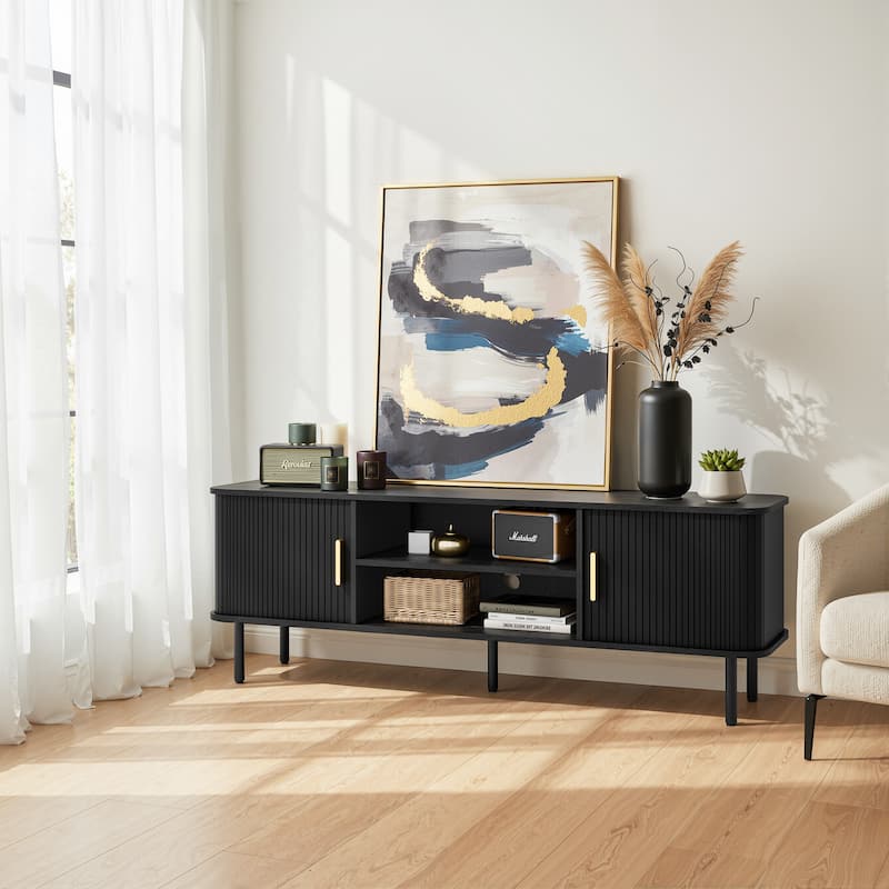 Mid-Century Modern Media Console, Tambour TV Stand with Storage Cabinet and Shelf