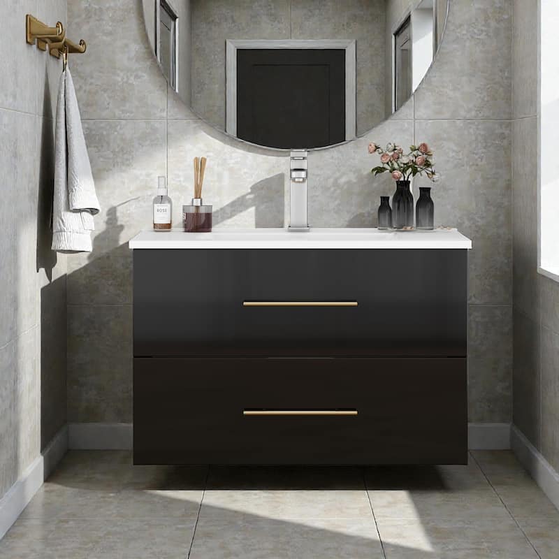 30" Gloss Wall-Mounted Bathroom Vanity with Integrated Ceramic Sink, Double Drawers & Long Metal Handle for Modern Bathrooms - Black