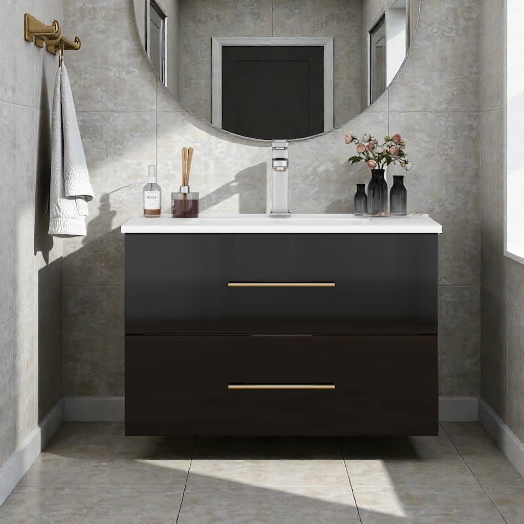30" Gloss Wall-Mounted Bathroom Vanity with Integrated Ceramic Sink, Double Drawers & Long Metal Handle for Modern Bathrooms