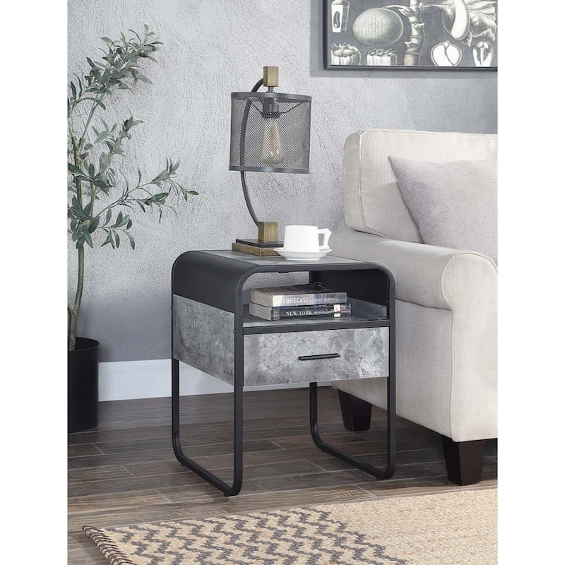 22" Square End Table with Drawer and Shelf Black Metal Base and Grey Wood Top for Living Room - 18"L x 18"W x 22"H