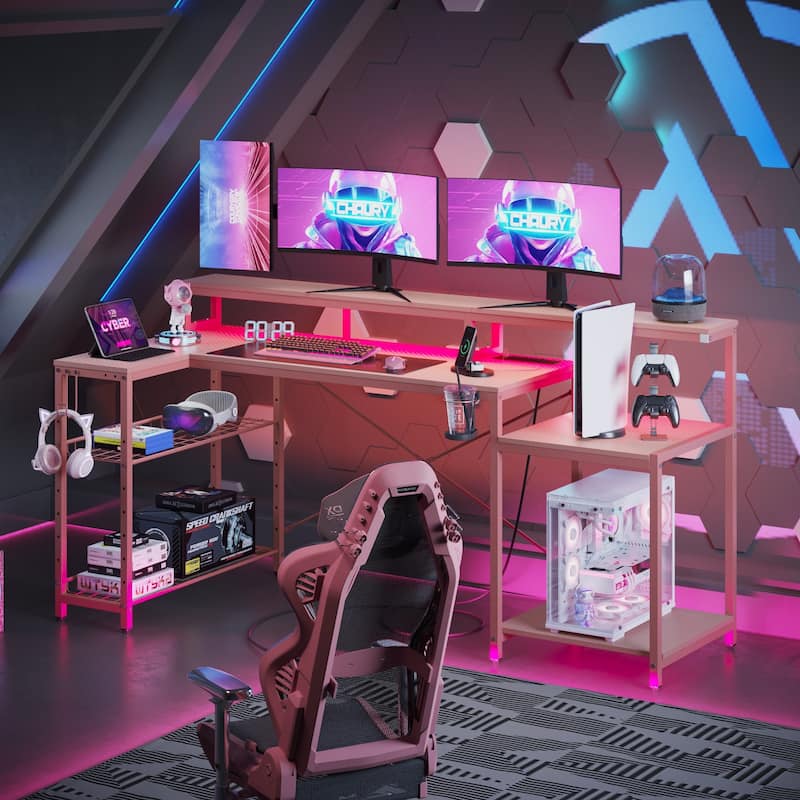Bestier 71.5“” Computer Desk with Power Outlets, L Shaped LED Home Office Desk with Long Monitor Stand and Cup Holder & Hooks