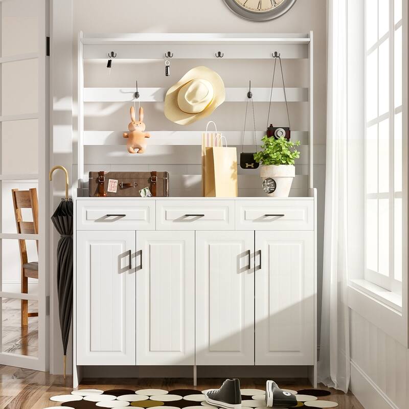 Four-Door Shoe Cabinet with Coat Rack - White