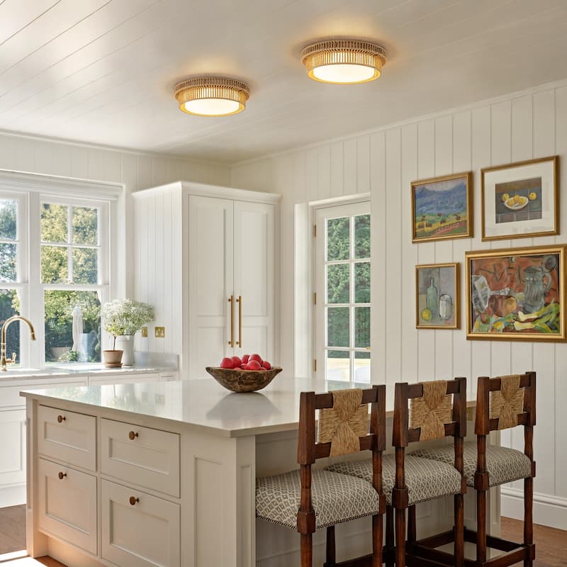 Integrated LED Brown Paper Rope Woven Shade with Opal Glass Flush Mount Ceiling Light - W12" × D12" × H3.2"