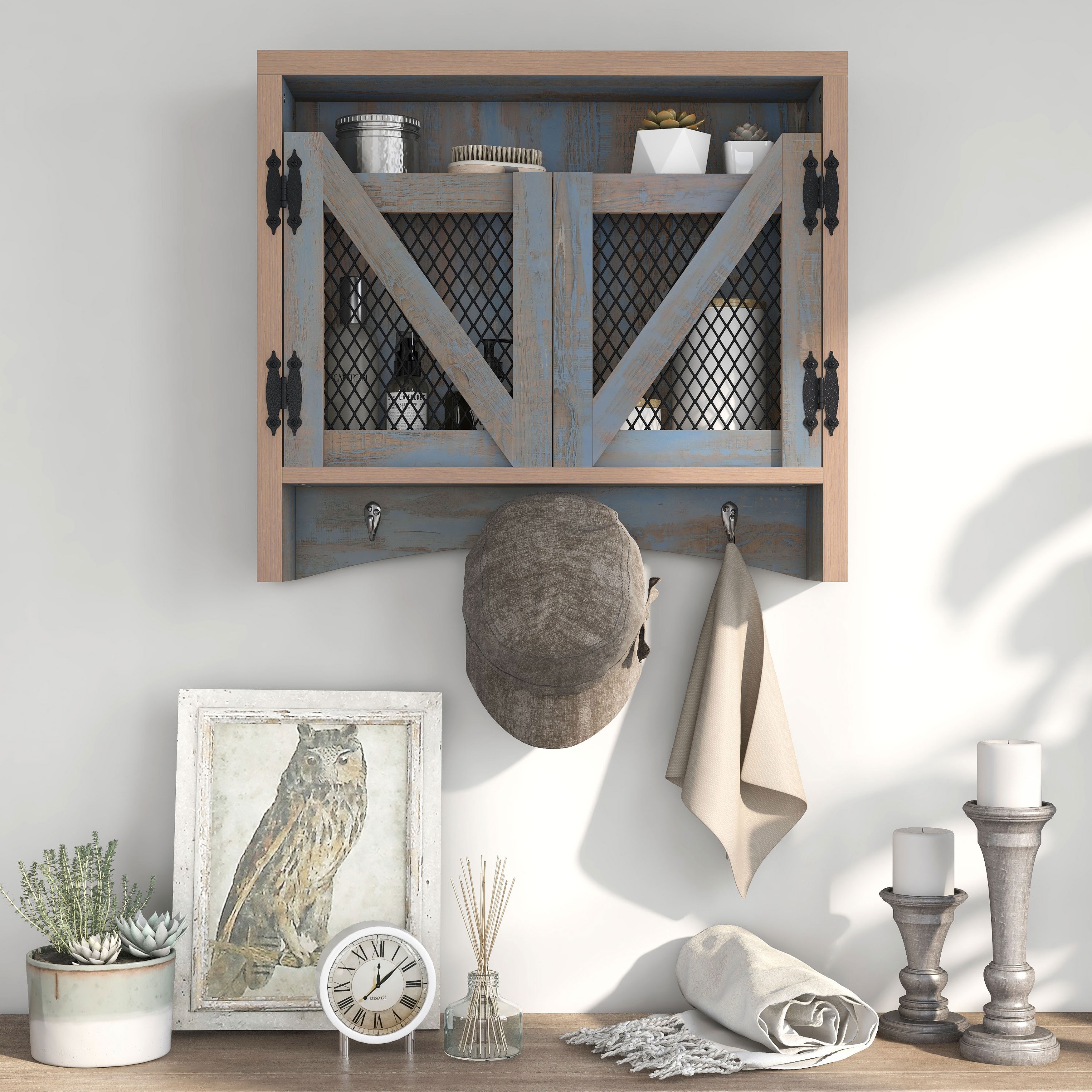 Denhour DH Basic Farmhouse Blue Entryway Wall Organizer with Hooks by, Size: Distressed Blue