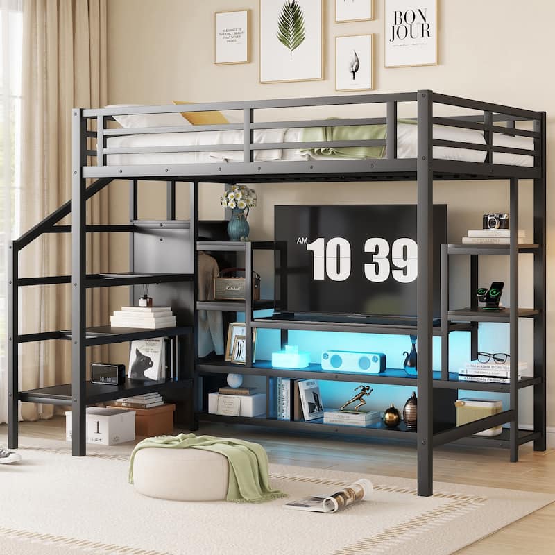 Full Size Loft Bed with TV Cabinet, Heavy Duty Metal Loft Bed Frame, Kids Iron Loftbed Frame with Wardrobe and Charging Station