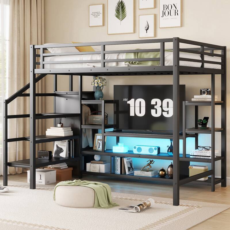 Full Size Metal High Loft Bed Frame with TV Stand & LED, Staircase, Wardrobe and Safety Guardrails