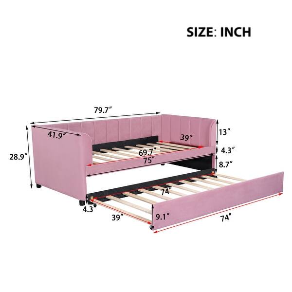 Contemporary Design Upholstered Daybed with Ergonomic Backrest and Trundle, Space-saving, Twin Size, Pink