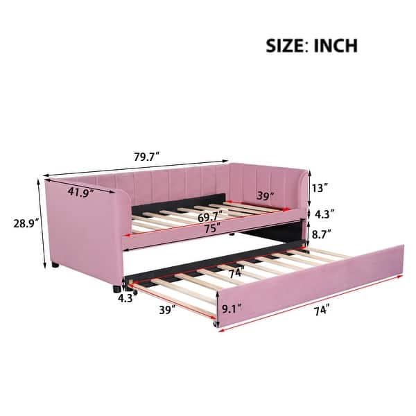 Twin Size Stylish Velvet Upholstered Daybed Ergonomic Design Backrest Daybed with Trundle Bed Wood Slat Support, Pink