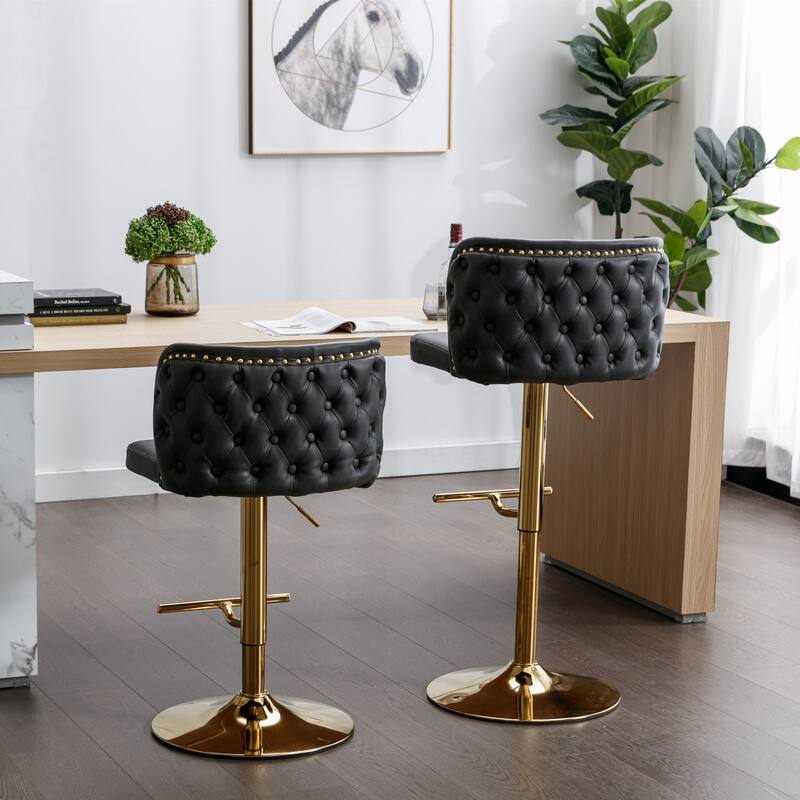 Set of 2 Adjusatble Swivel Bar Stools with PU Leather Tufted Back