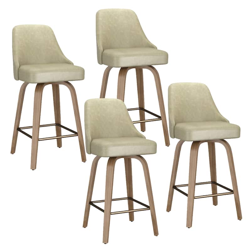 Modern Faux Leather & Bentwood 26" Counter Stool w/Swivel, Set of 4 - Ivory & Whitewash