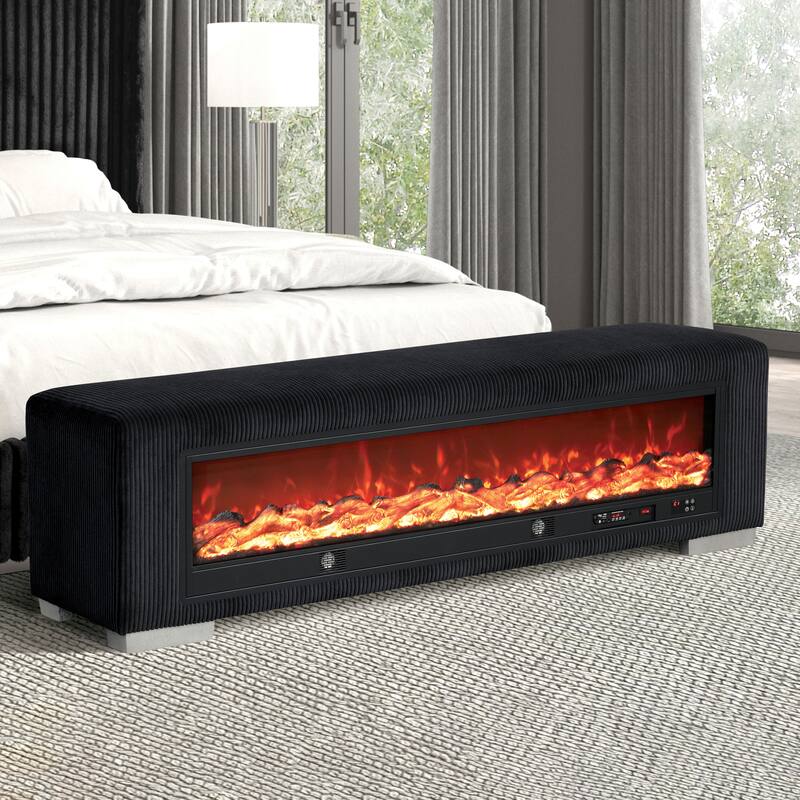 Furniture of America Goffney Chenille Bench with Fireplace Simulator and Bluetooth Audio - Black