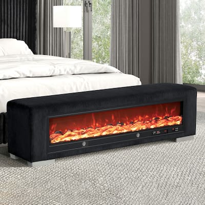 Furniture of America Goffney Chenille Bench with Fireplace Simulator and Bluetooth Audio