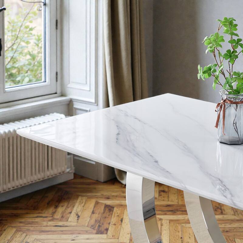 69.3 Inch Rectangular Dining Table with White Marble MDF Top, Silver Mirror Stainless Steel Legs, Seats 4-6