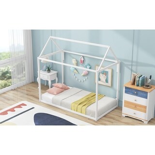 Metal Twin House-Shaped Platform Bed with Strong Frame for Kids