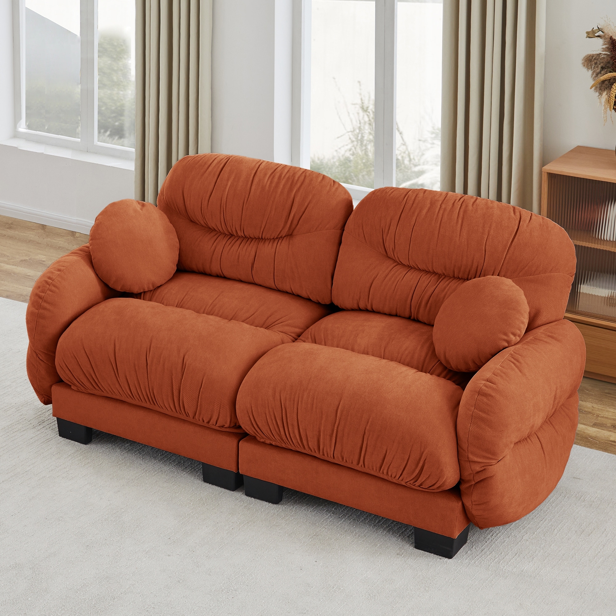 2 Seater Modular Sofa with Round Armrests, Orange Loveseat Sofa Couch Accent Couch with 2 Round Throw Pillows