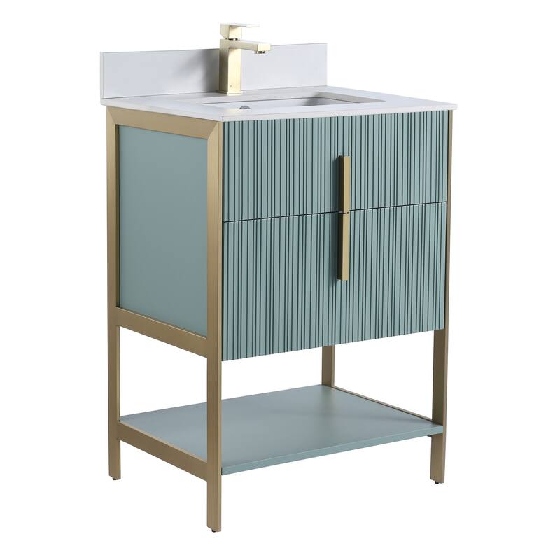 Fine Fixtures Serenity Modern Bathroom Vanity with White Stone Top - Mint Green - Brass Hardware - 24 inch