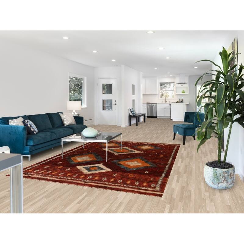 Hand Knotted Oriental 100% Wool Carpet Modern Tribal Red Moroccan Area Rug - 8' 9'' X 6' 4''