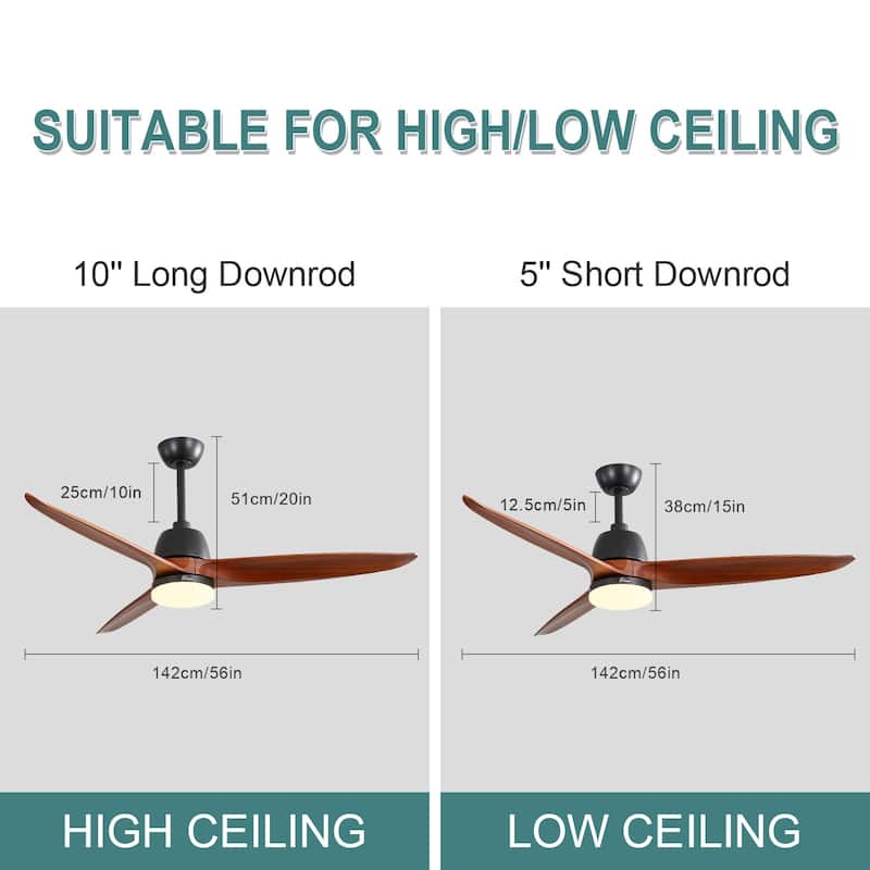 Sofucor 56 inch Ceiling Fans with Light,Remote Control,3 Solid wood Blades Farmhouse ,Large Airflow - 56 Inches
