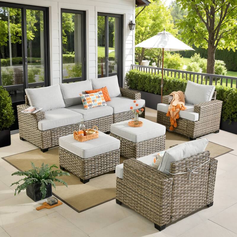 XIZZI 7 Pieces Patio Furniture Wide Armrest Conversation Sofa Set with Ottomans - Grey