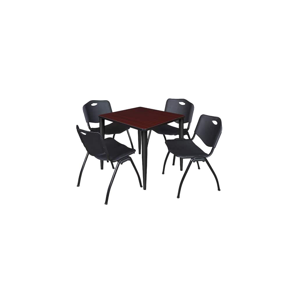 30 in. Square Breakroom Table- Mahogany Top, Black Base & 4 M Stack Chairs- Black