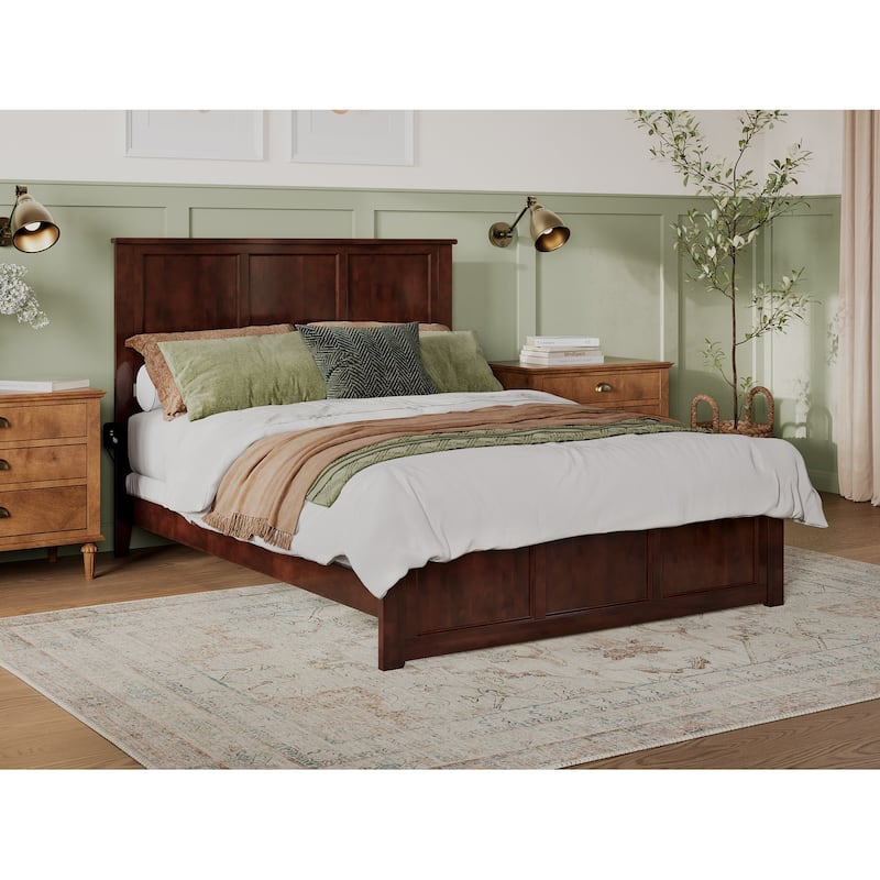 King Size Platform Bed with Footboard & Charger - Low Profile Wood Bed Frame - Walnut Finish