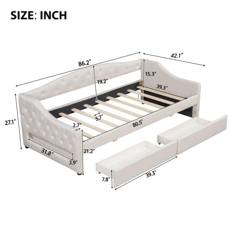 Twin XL Size Upholstered Daybed with LED Belt and 2 Drawers
