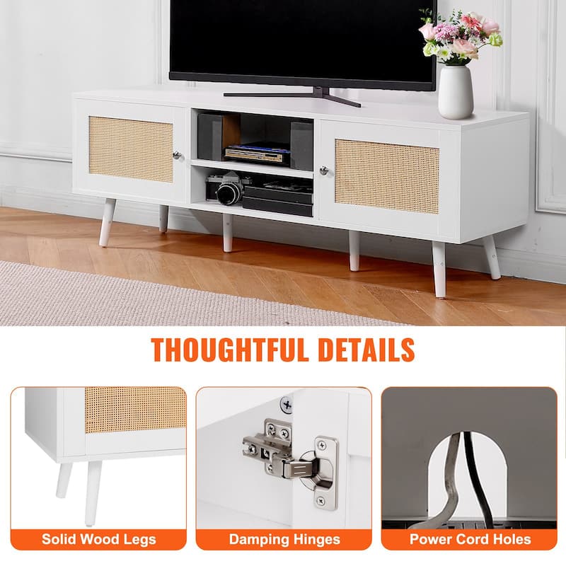 Modern Rattan TV Console for 65 Inch TV with Built-in Power Outlet - 55.1 x 15.8 x 19.7in