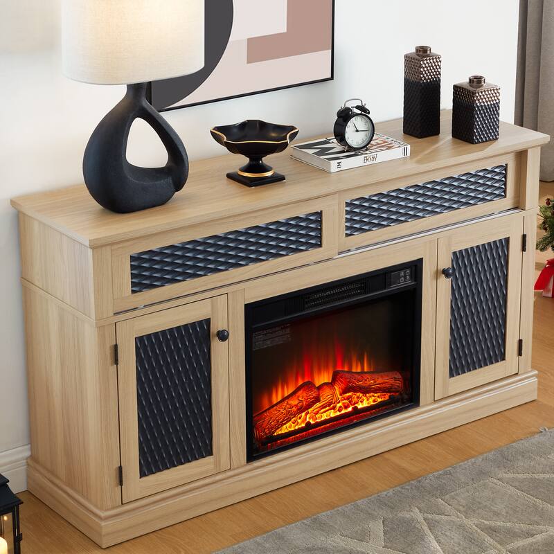Modern Fireplace TV Stand with Sliding Door, Open and Closed Storage Space, for Living Rooms and Bedrooms, Light Oak