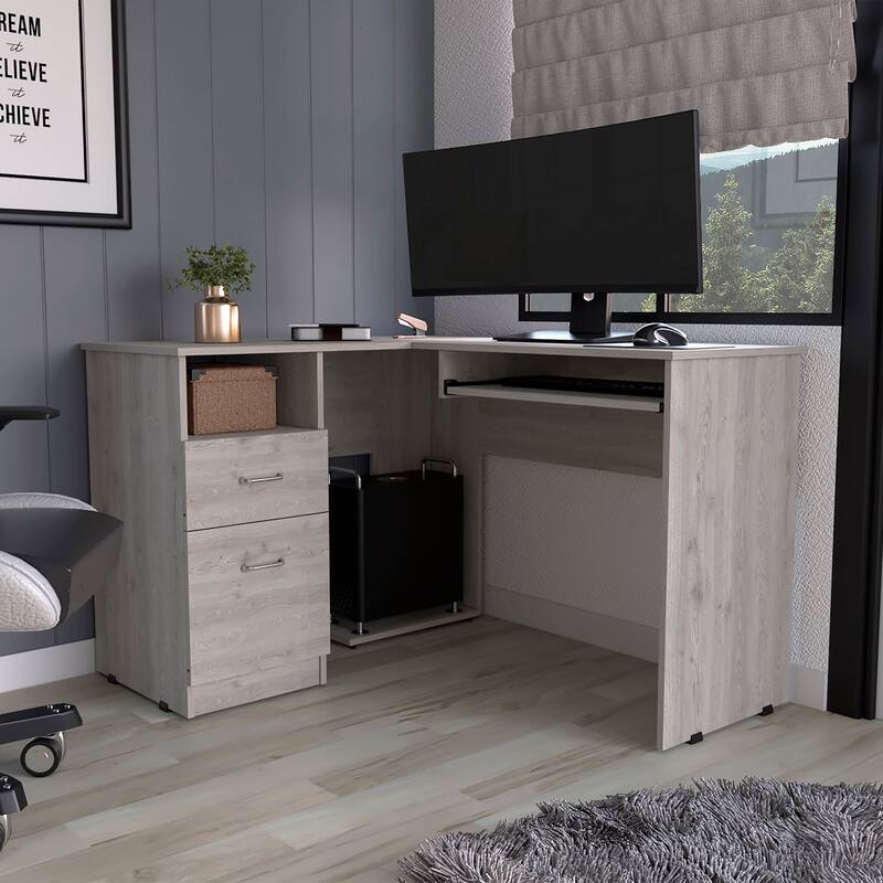 FM Furniture Raleigh L-Shaped Desk with Two Drawers, One Shelf and CPU Storage - Grey