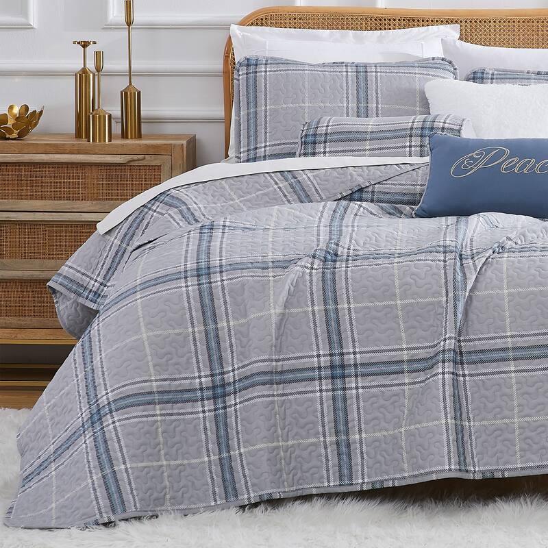 Vilano Plaid 6 piece Quilt Bedding Set - Grey - King - Cal King