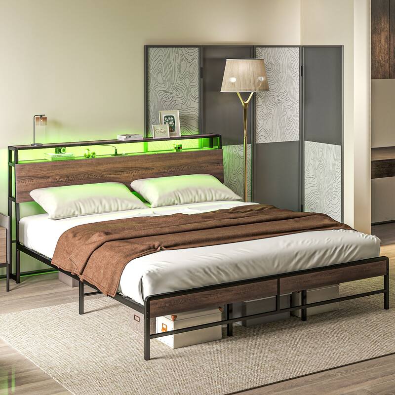 Walnut Platform Bed Frame with USB Charging and RGB LED Lights 3-Tier Storage and Noise-Reducing Mats
