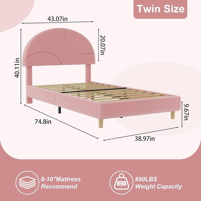 Twin Bed Frame, with Wooden Slats and Round Boucle Headboard