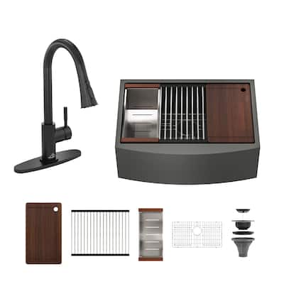 Farmhouse/Apron-Front Nano PVD Gunmetal Black Stainless Steel Workstation Kitchen Sink with 2-Function Pull-Down Kitchen Faucet