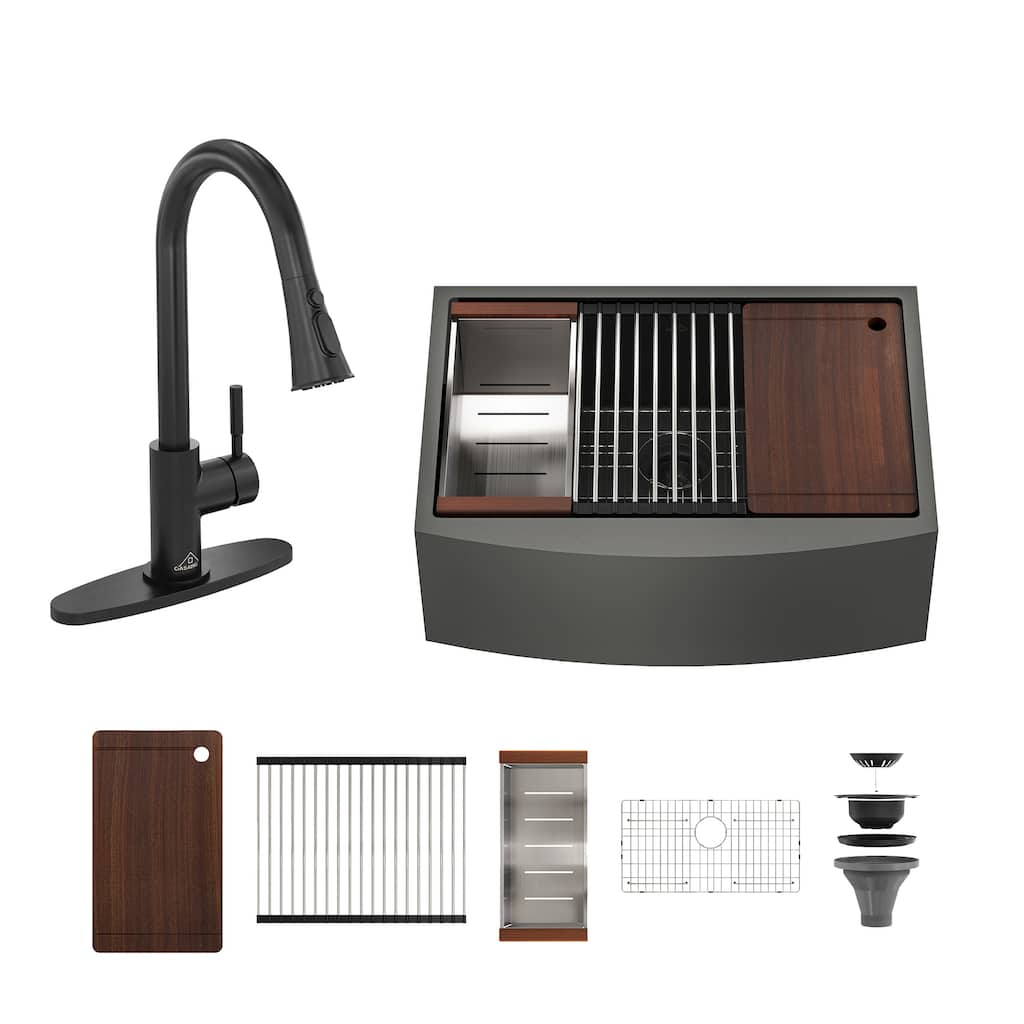Farmhouse/Apron-Front Nano PVD Gunmetal Black Stainless Steel Workstation Kitchen Sink with 2-Function Pull-Down Kitchen Faucet