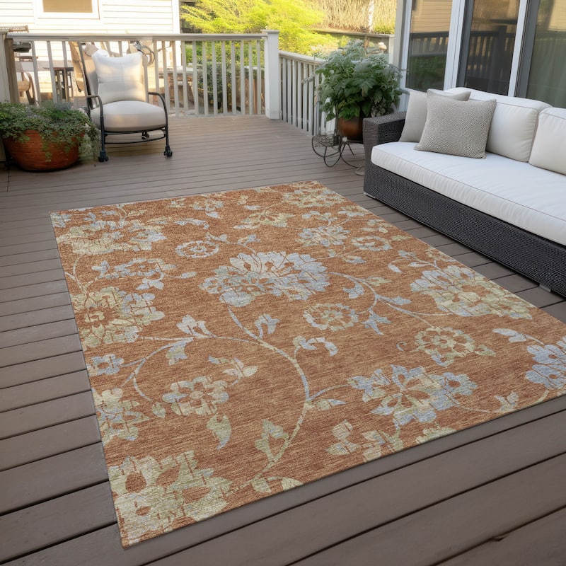 Machine Washable Indoor/ Outdoor Chantille Farmhouse Floral Rug - Paprika - 3' x 5'