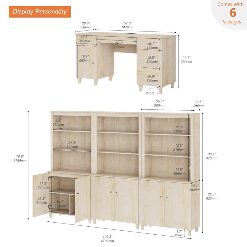WAMPAT Home Office Furniture Set, 58" Executive Desk with Cabinet, 3-Column 71" Tall Bookcase with Doors and Adjustable Shelves