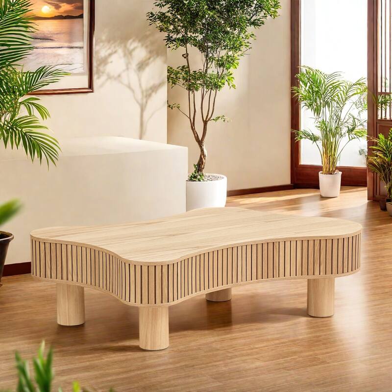 42.52" Solid Wood Modern Irregular-Shaped Coffee Table with Solid Wood Pedestal Base - Natural