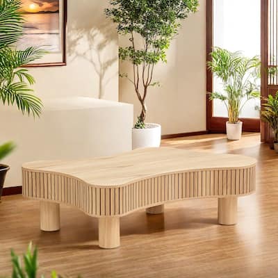 42.52" Solid Wood Modern Irregular-Shaped Coffee Table with Solid Wood Pedestal Base