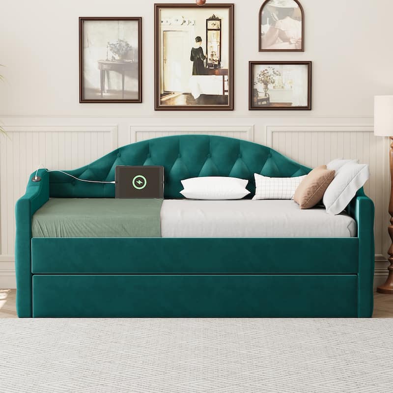 Upholstered Daybed with Trundle ,with USB&Type-C Charging Ports
