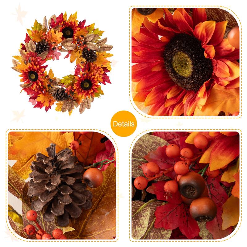 Glitzhome 24"D Fall Sunflower Pinecone Berry Artificial Wreath or Porch Tree