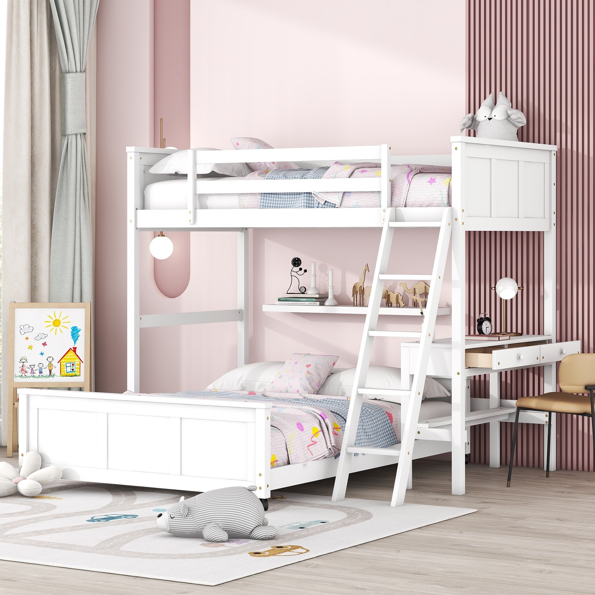 White bunk bed with desk underneath outlet