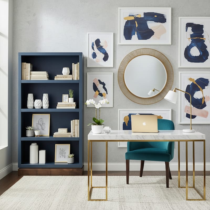 Bridgevine Home Nora Modular 60 inch High Bookshelf, No Assembly Required, Two-Tone Finish - Blue Denim and Whiskey